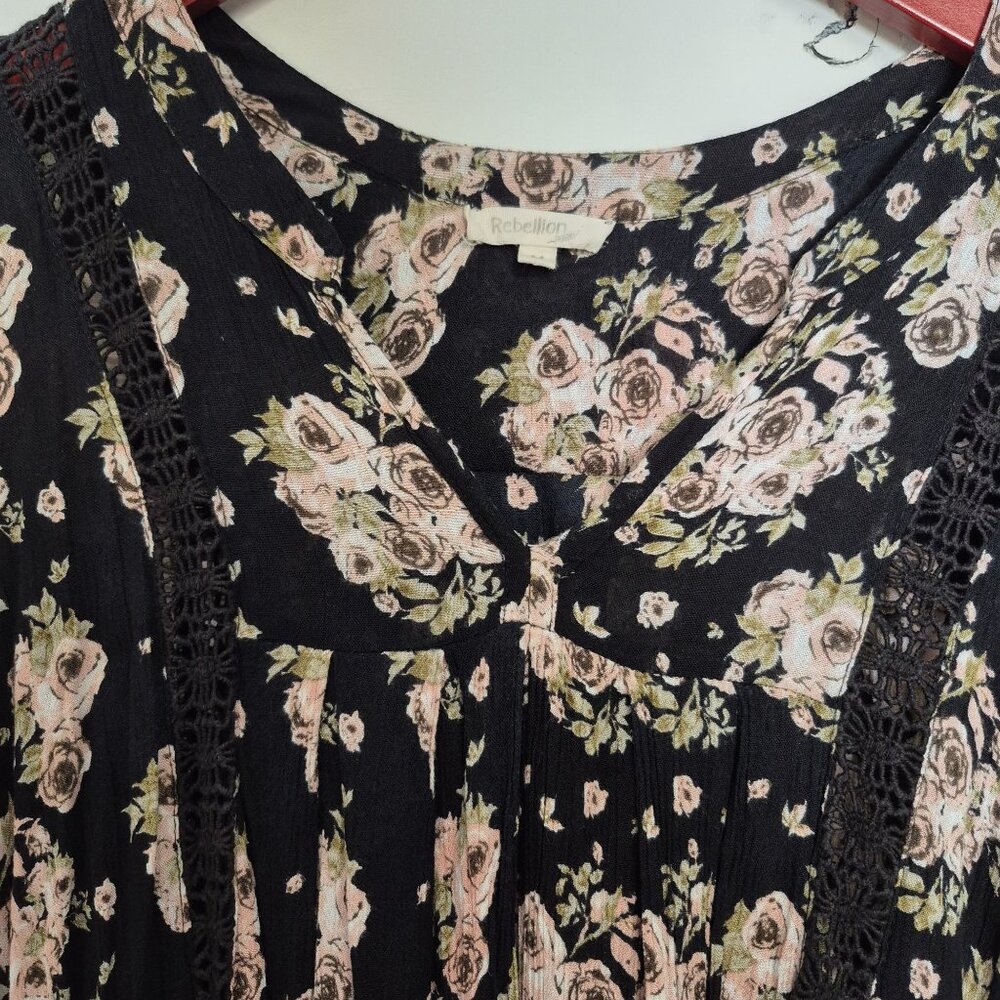 Black Floral Boho Tunic Dress W/ Crochet Details By Rebellion Size M - Picture 7 of 7